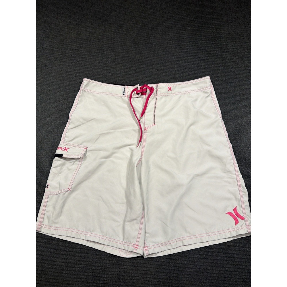 Y2K Hurley Men's Board Shorts Size 38 Cream Pink Trim Logo Drawstring Pockets